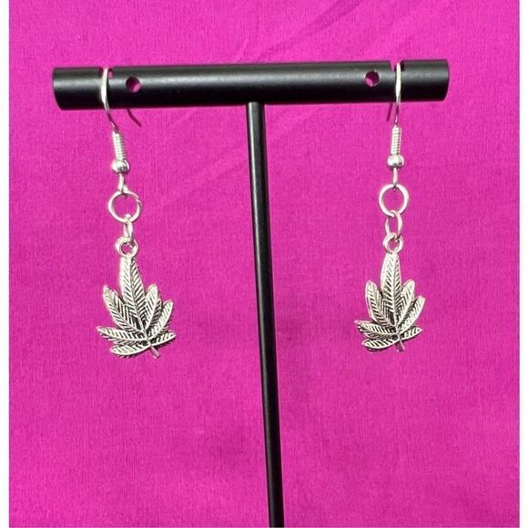 Handmade Silver Dangly Pot Leaf Earrings - Picture 2 of 3